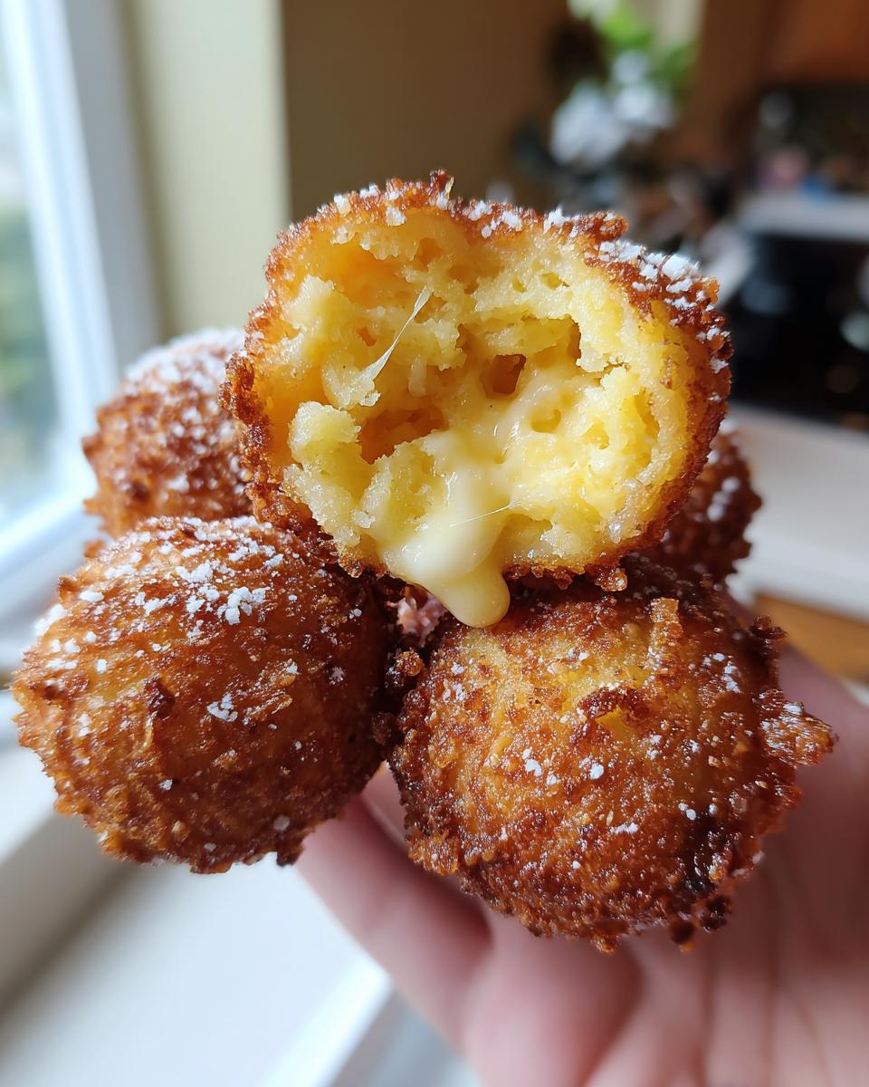 Close-up of cheesy korean corn dog bites, one broken open showing melted cheese pull and crispy exterior dusted with sugar.