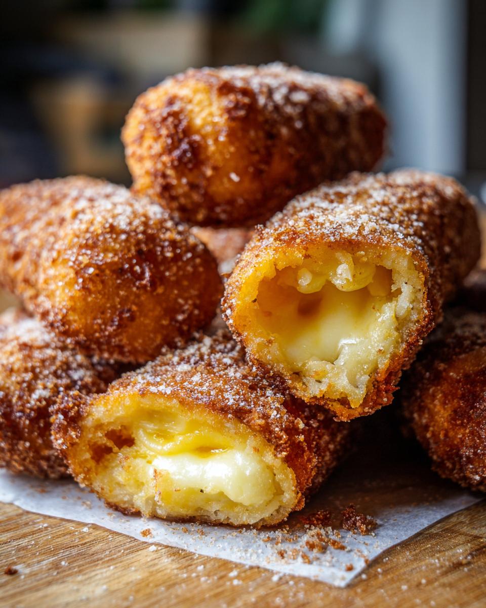 Close-up of a cross-section of a korean corn dog showing gooey melted cheese filling and a crispy, sugar-dusted exterior.