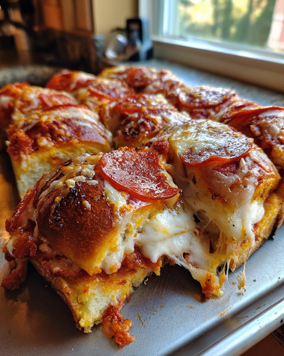 Close-up of cheesy pepperoni pizza sliders being pulled apart, showing a dramatic cheese stretch.