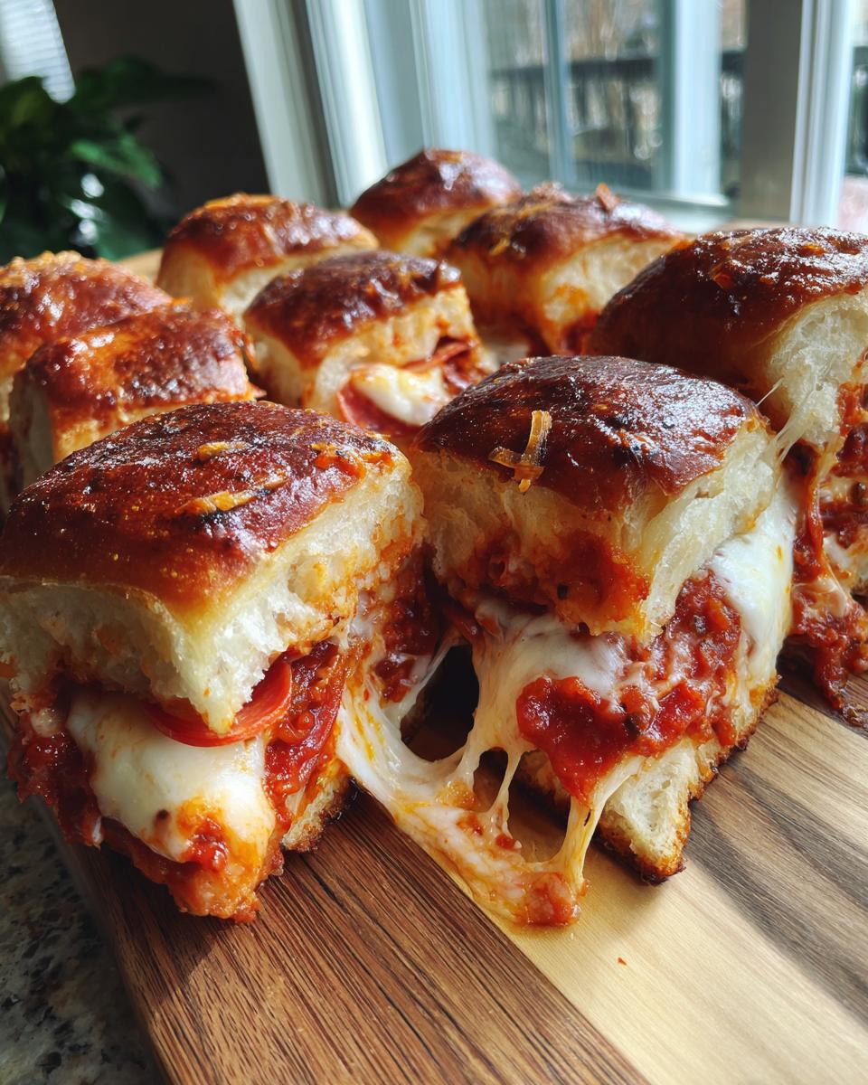 Close-up of freshly baked pizza sliders showing melted mozzarella cheese stretching between two halves of a slider.
