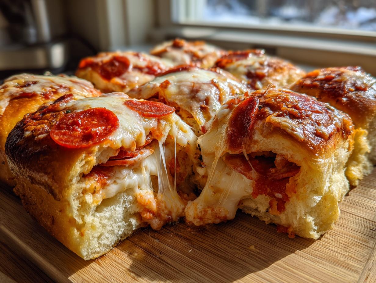Close-up of freshly baked pizza sliders showing melted cheese stretching between two pieces.