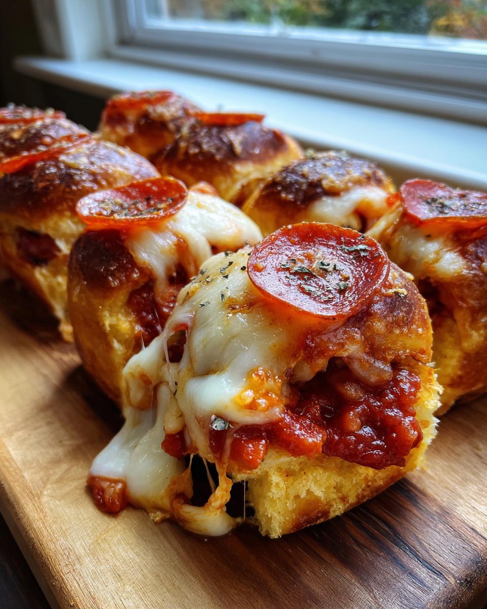 Close-up of gooey, cheesy pizza sliders topped with pepperoni and herbs on a wooden board.