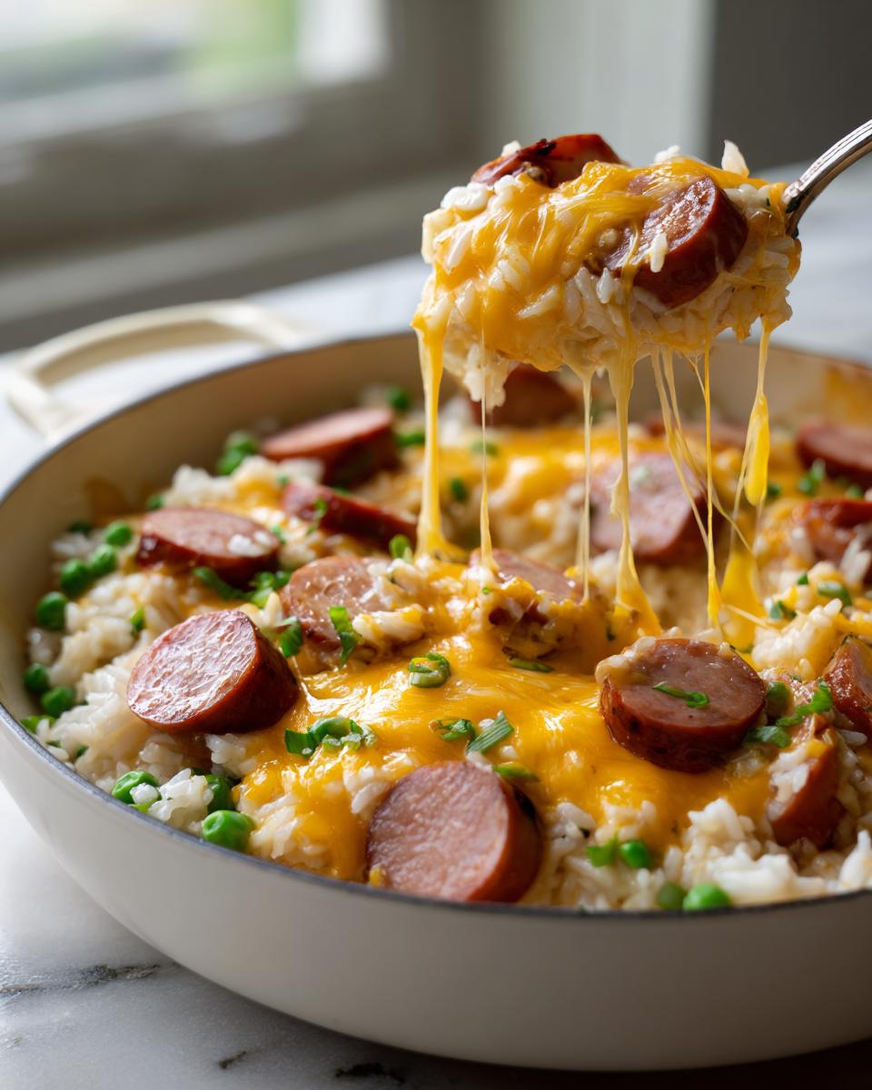 A spoonful of cheesy sausage and rice is lifted from a white skillet, showing melted cheddar cheese stretching between the spoon and the main dish.