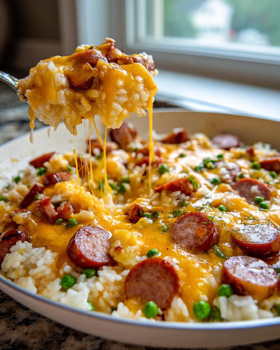 A spoonful of cheesy sausage and rice is lifted from a skillet, showing melted cheese strings.