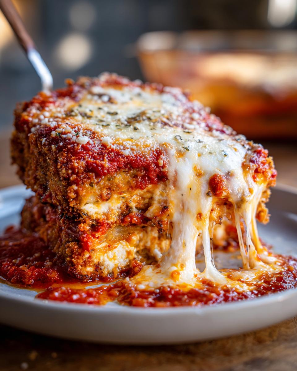 A tall, cheesy slice of eggplant parmesan being lifted, showing melted mozzarella strings and rich tomato sauce.