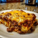 Close-up of a square serving of hot texas trash dip topped with melted cheddar cheese and seasoned ground beef.