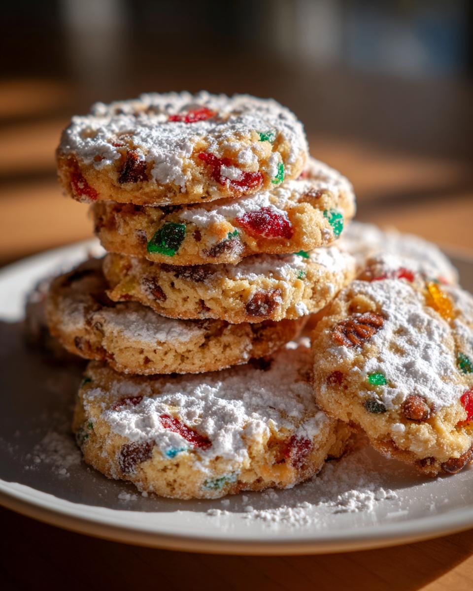 A stack of chewy fruitcake cookies generously dusted with powdered sugar, showing colorful candied fruit pieces.