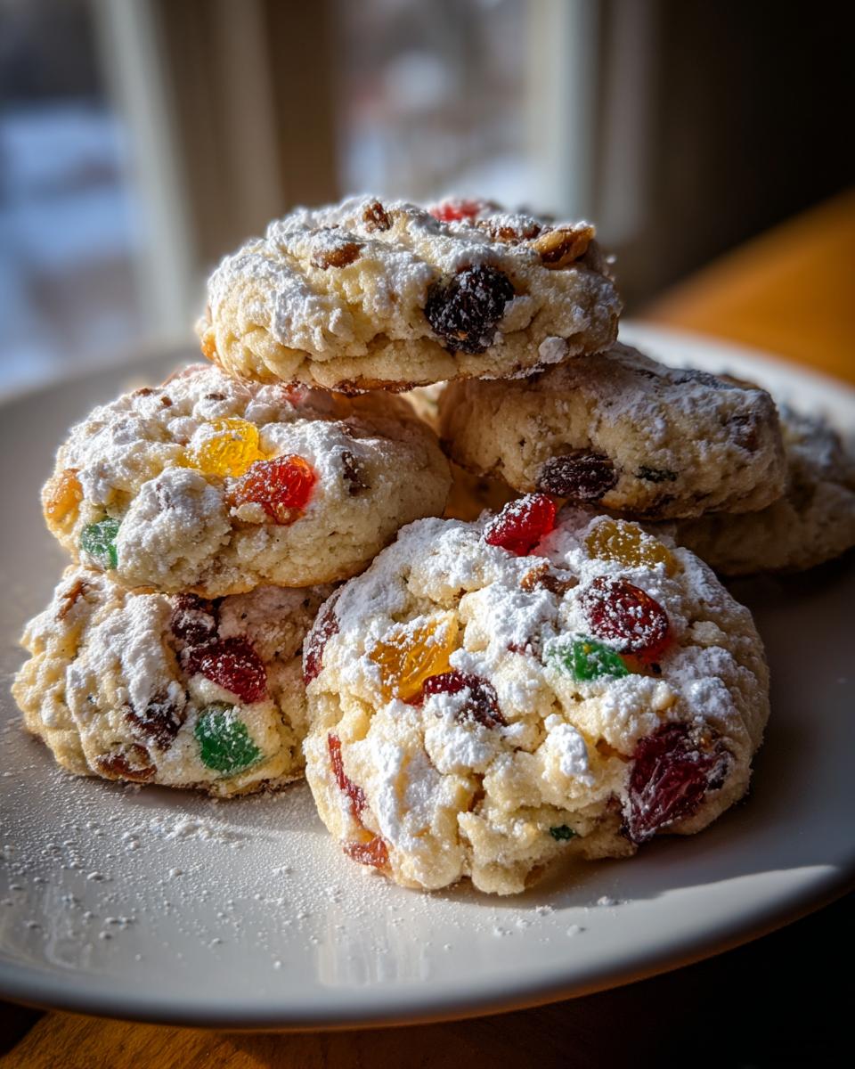 A stack of chewy fruitcake cookies generously dusted with powdered sugar, featuring colorful candied fruit pieces.