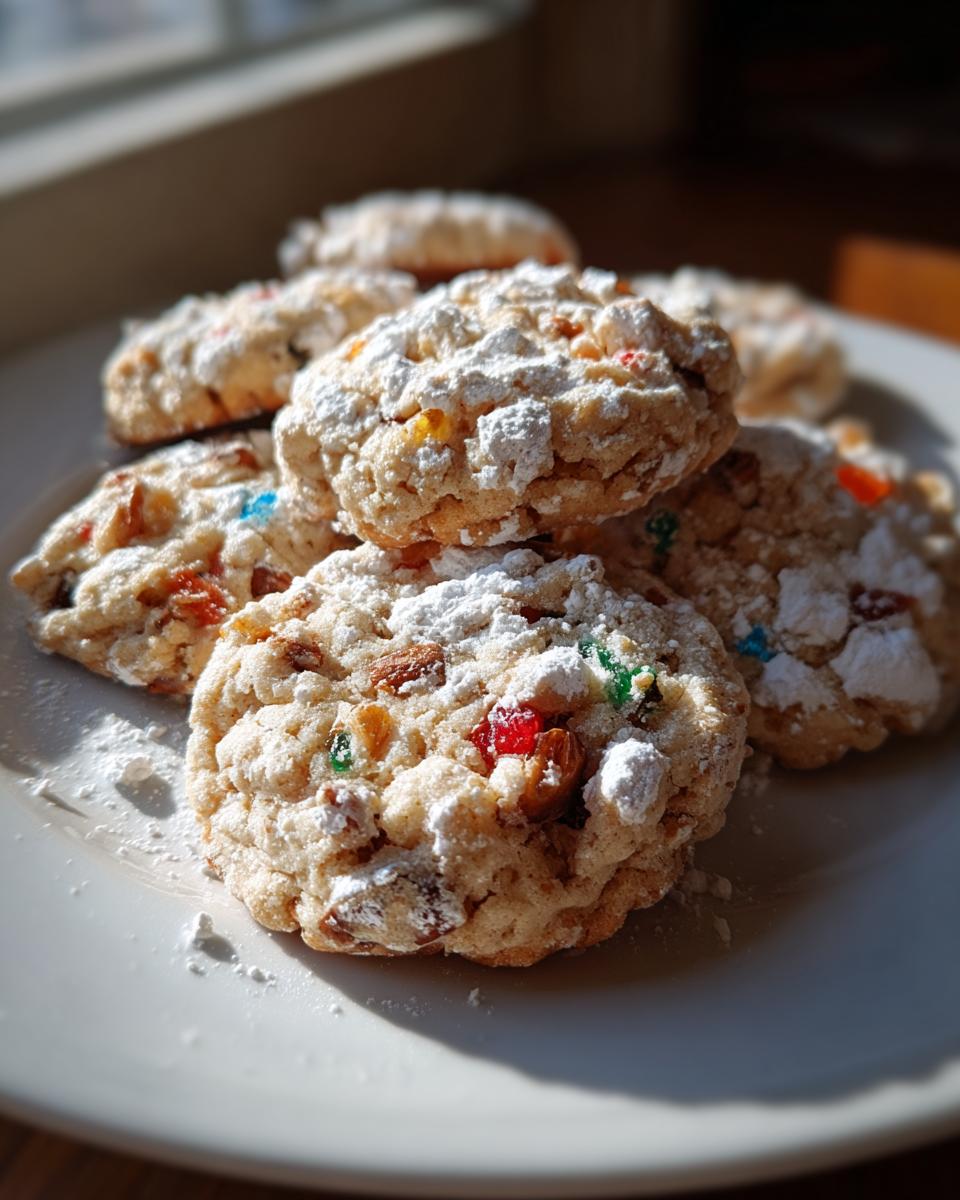 A stack of chewy fruitcake cookies generously dusted with powdered sugar, featuring colorful candied fruit pieces.