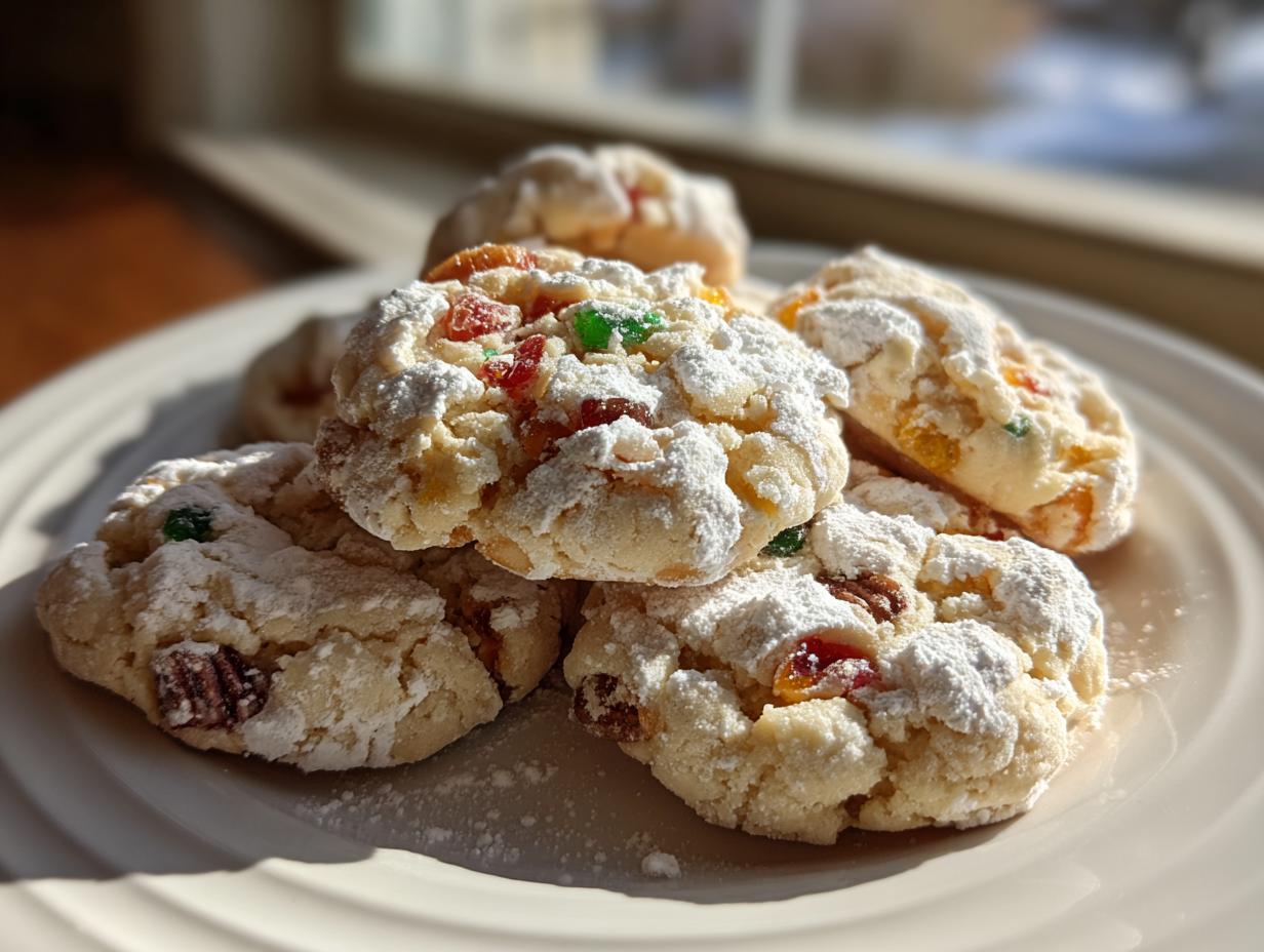 A stack of chewy fruitcake cookies, heavily dusted with powdered sugar and studded with colorful candied fruit.