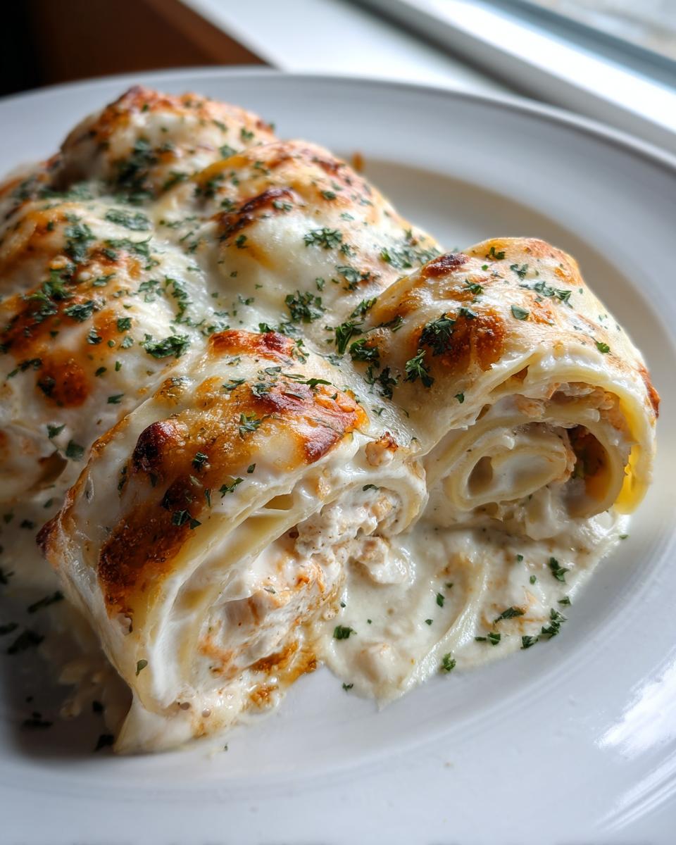Close-up of baked chicken alfredo lasagna rolls covered in melted cheese and parsley.