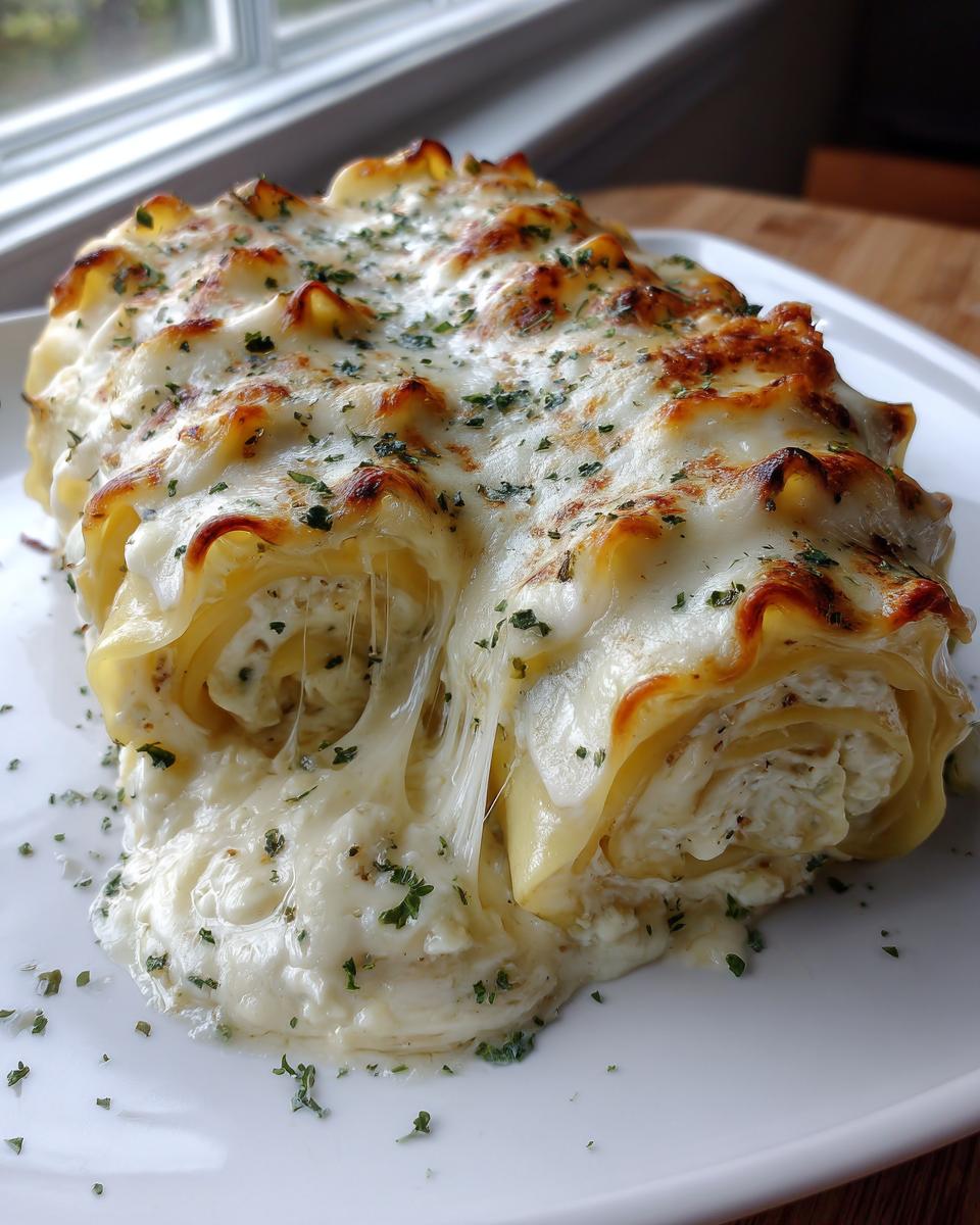 Close-up of creamy chicken alfredo lasagna rolls covered in melted, browned cheese and parsley.