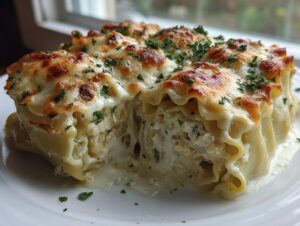 A close-up of baked chicken alfredo lasagna rolls topped with melted, browned cheese and fresh parsley.