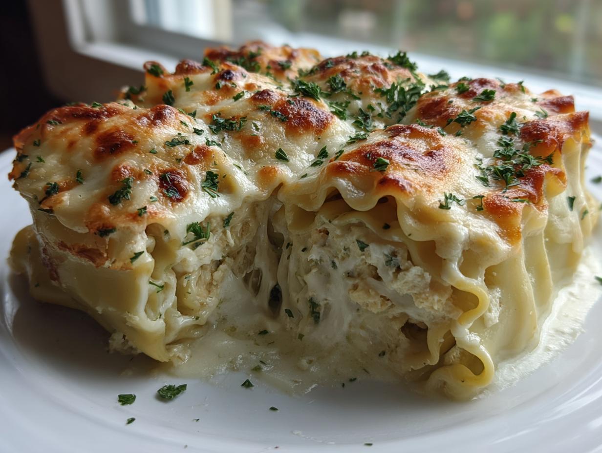 A close-up of baked chicken alfredo lasagna rolls topped with melted, browned cheese and fresh parsley.