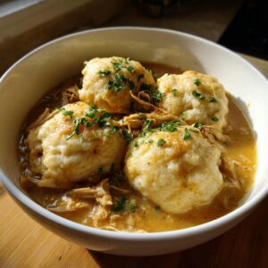 Close-up of a bowl filled with rich broth, shredded chicken, and three fluffy dumplings for chicken and dumpling.