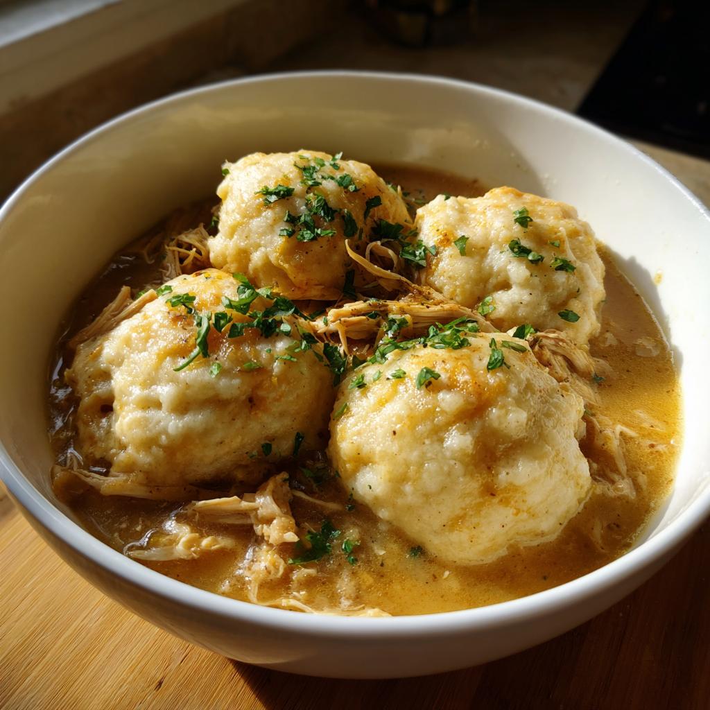 Close-up of a bowl filled with rich broth, shredded chicken, and three fluffy dumplings for chicken and dumpling.