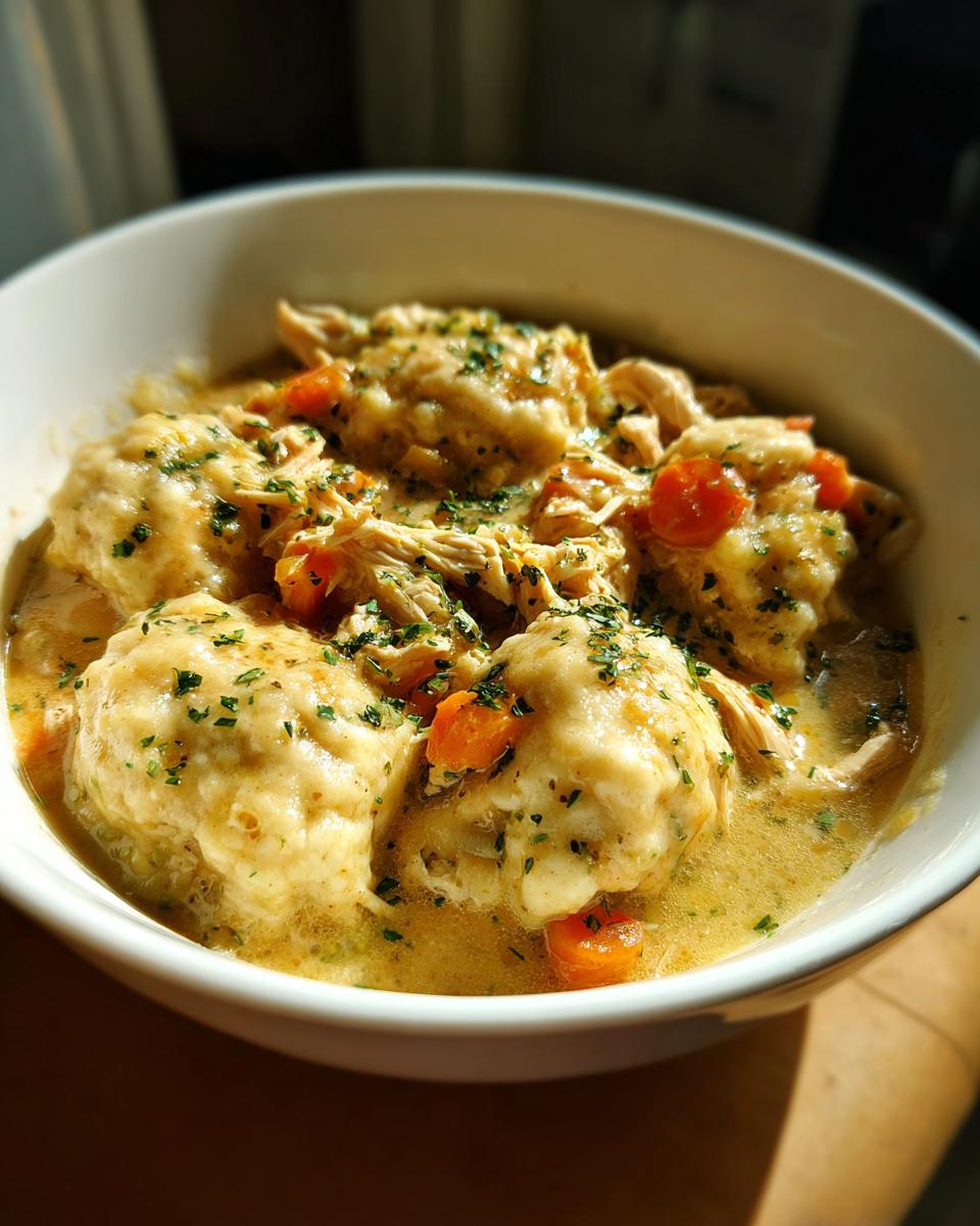 Close-up of a white bowl filled with creamy chicken and dumpling delight, topped with parsley.