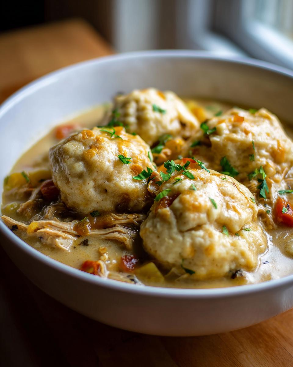 Close-up of a white bowl filled with creamy chicken and dumpling delight, topped with fresh parsley.