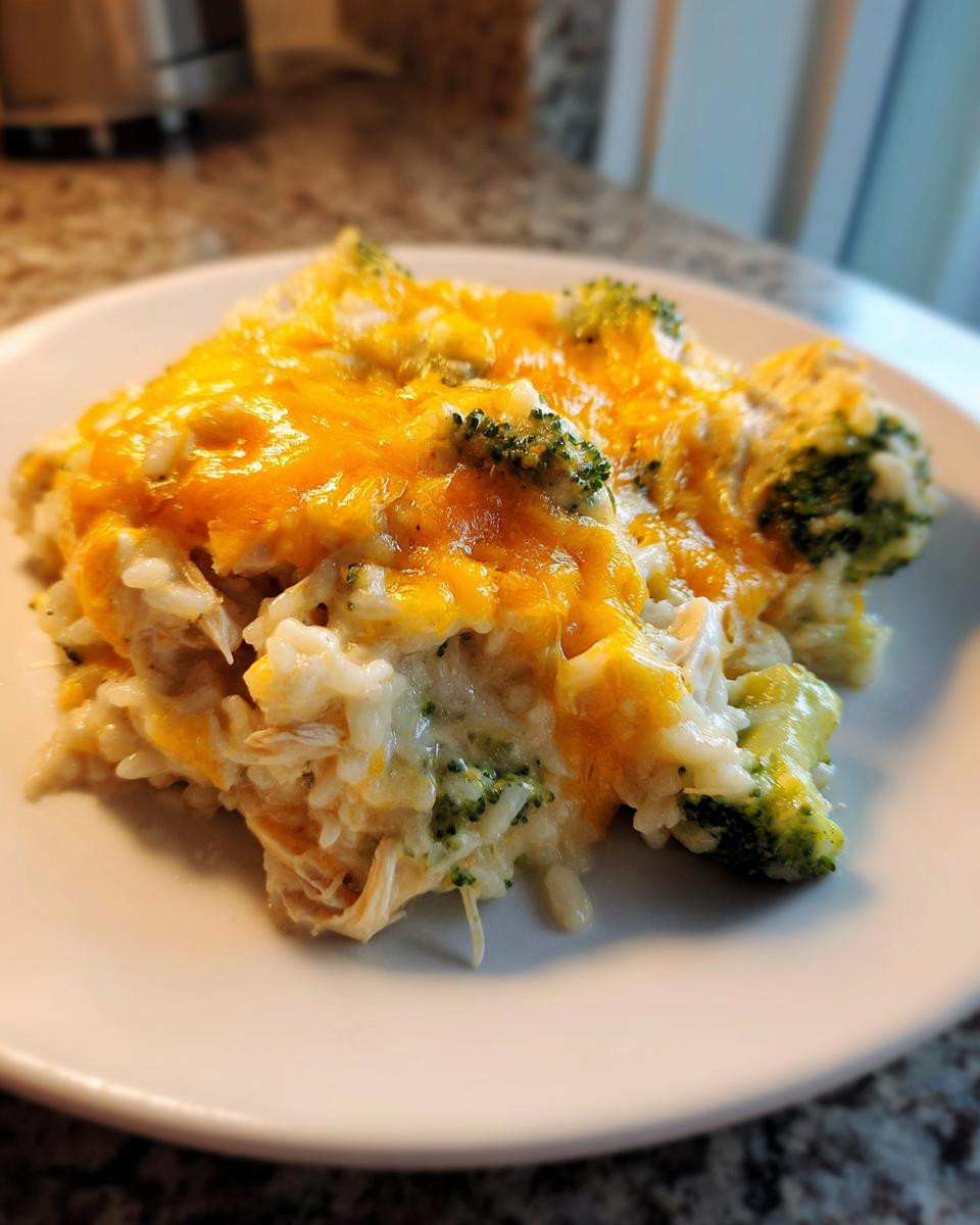 A close-up serving of creamy chicken broccoli rice casserole topped with melted cheddar cheese.