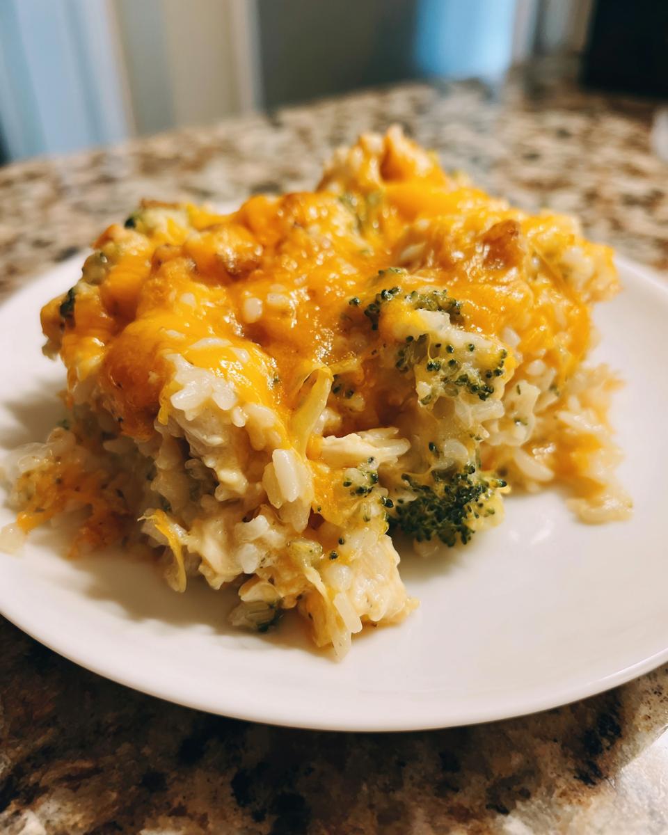 A close-up serving of cheesy chicken broccoli rice casserole topped with melted cheddar cheese.