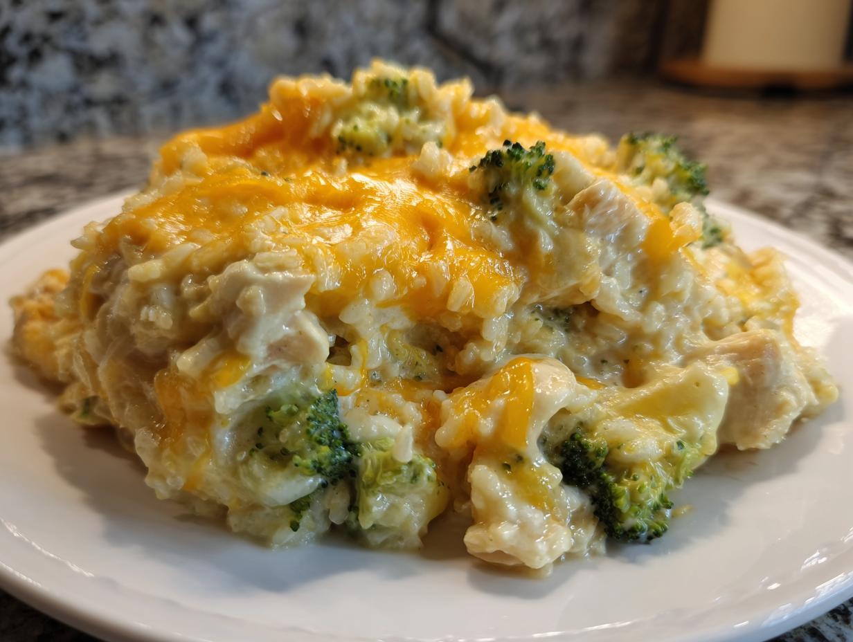 A close-up serving of creamy chicken broccoli rice casserole topped with melted cheddar cheese on a white plate.