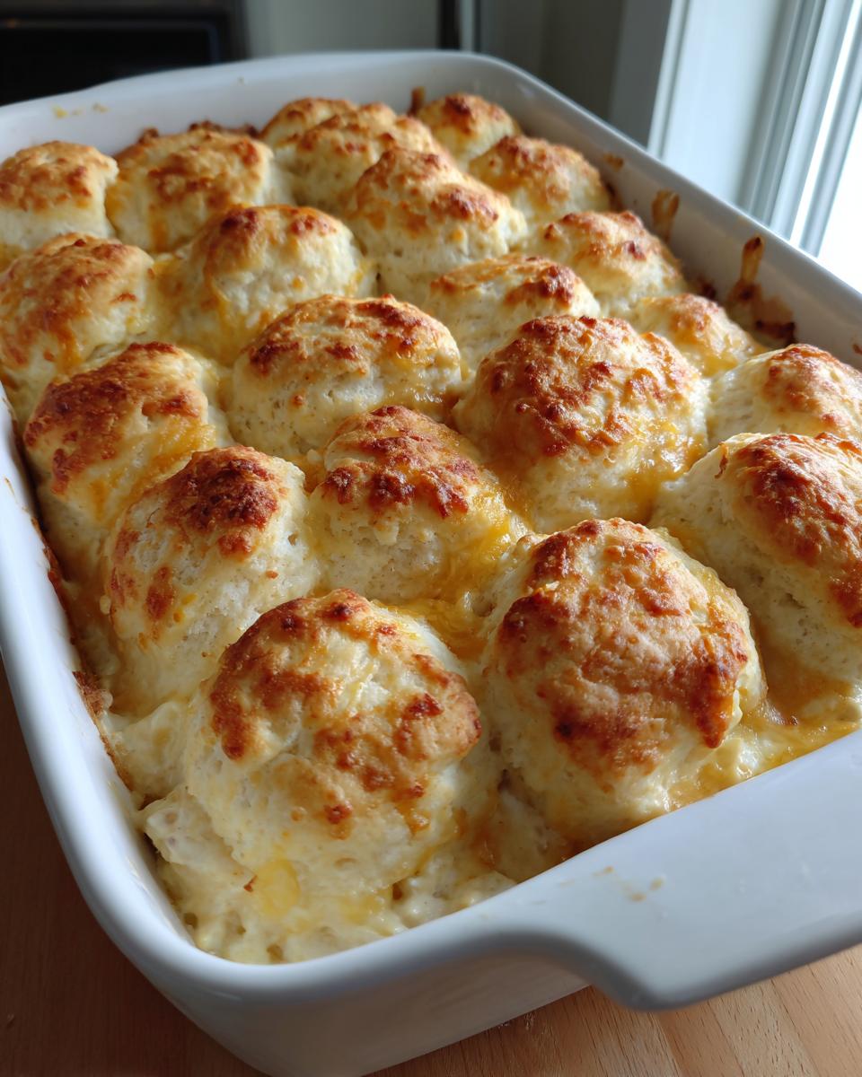 A close-up of a freshly baked chicken bubble biscuit bake casserole with golden brown tops.