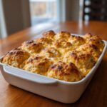 A freshly baked chicken bubble biscuit bake casserole with golden brown biscuits and melted cheese in a white dish.