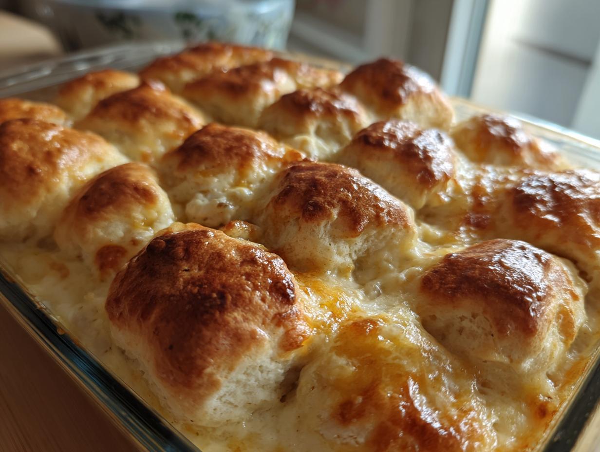 Close-up of a freshly baked chicken bubble biscuit bake casserole with golden brown tops.