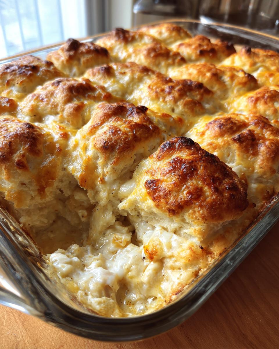 Close-up of a baked chicken bubble biscuit bake casserole with golden brown biscuit tops and creamy filling visible.