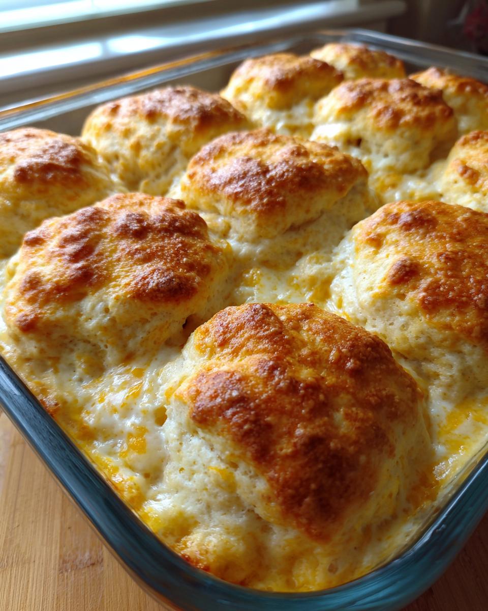 Close-up of a freshly baked chicken bubble biscuit bake casserole with golden brown tops.