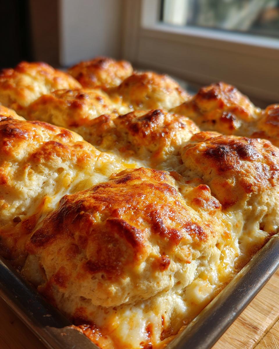 Close-up of a baked chicken bubble biscuit bake casserole with golden brown, cheesy tops.