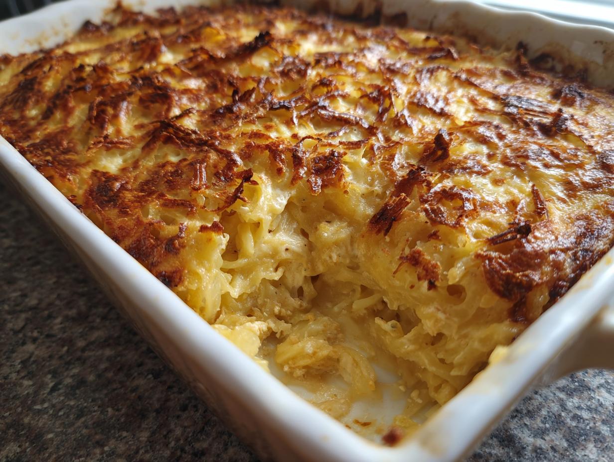 Close-up of a creamy chicken noodle casserole with a deeply browned, crispy top layer in a white baking dish.