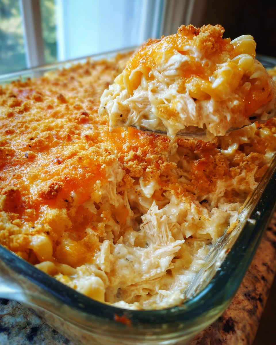 A spoonful of creamy chicken noodle casserole being lifted from a glass baking dish topped with melted cheese and breadcrumbs.