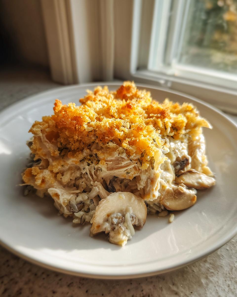 A serving of creamy chicken wild rice casserole topped with golden brown breadcrumbs on a white plate.