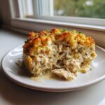 A single serving of creamy chicken wild rice casserole with a golden, crispy topping on a white plate.