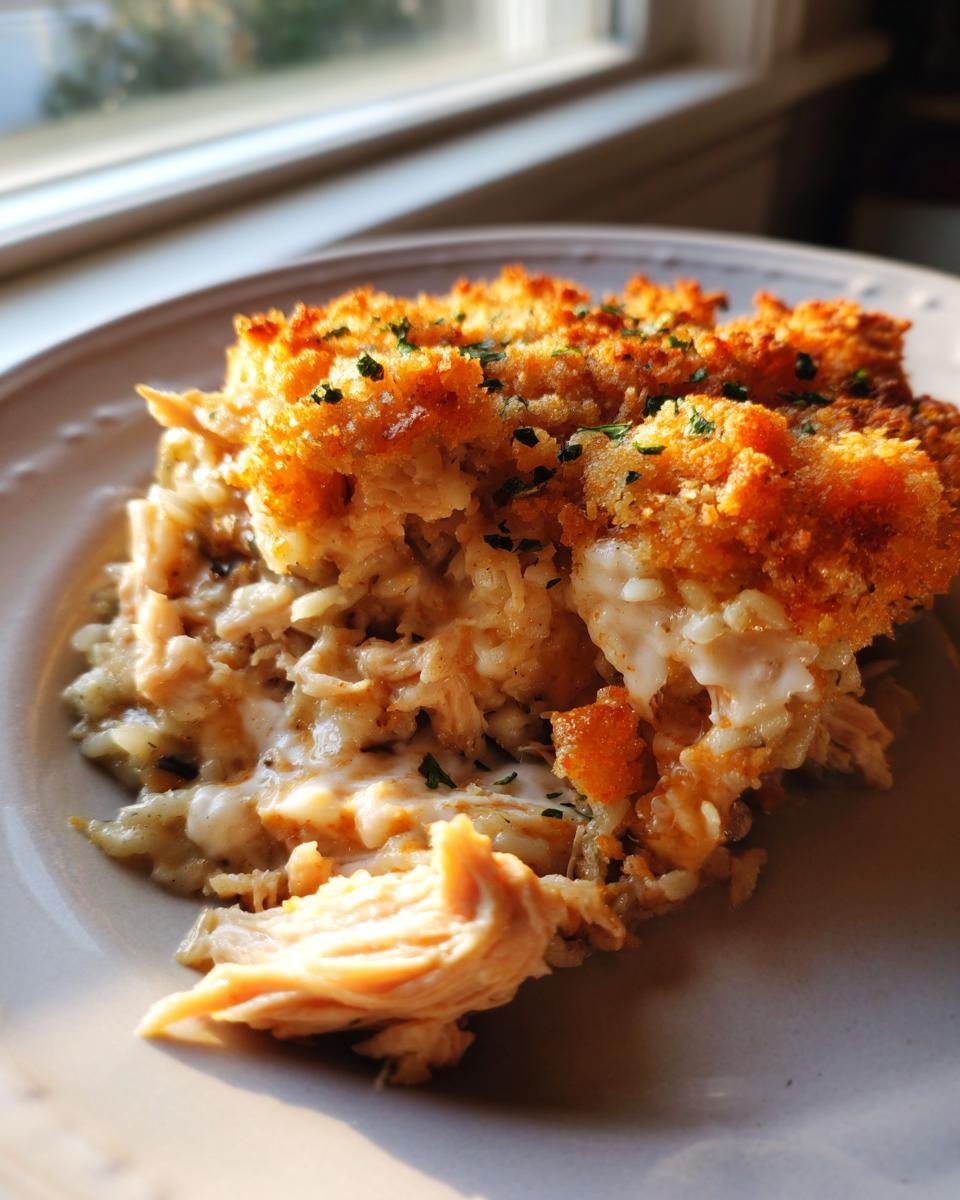 Close-up of a serving of creamy chicken wild rice casserole with a golden, crunchy topping.