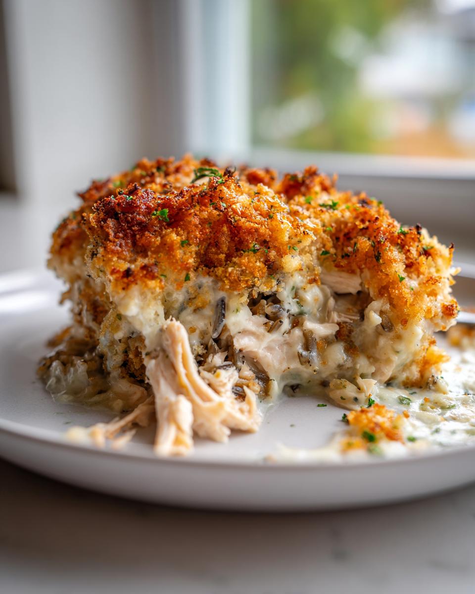 A close-up serving of creamy chicken wild rice casserole with shredded chicken and a golden, crispy breadcrumb topping.