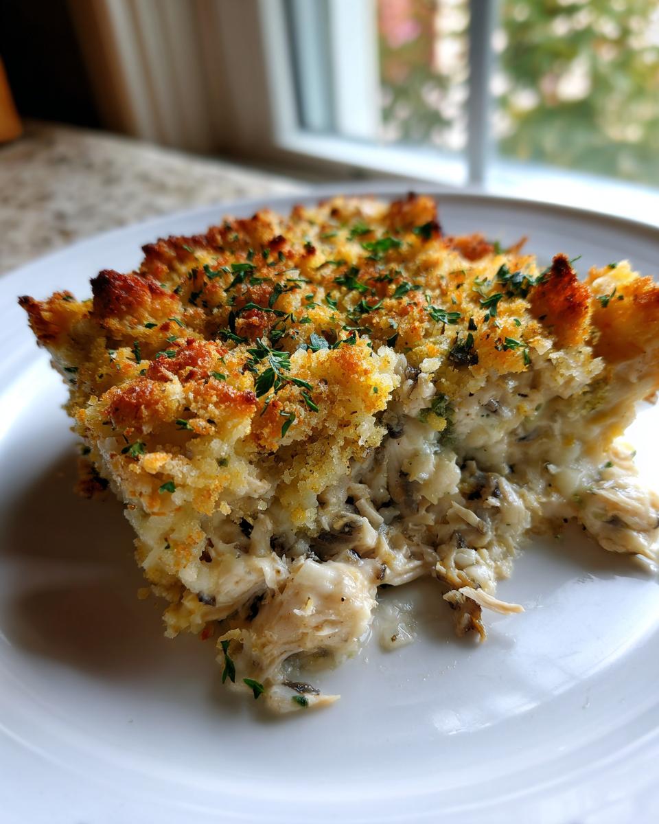 A close-up serving of creamy chicken wild rice casserole with a golden, crunchy breadcrumb topping, garnished with parsley.