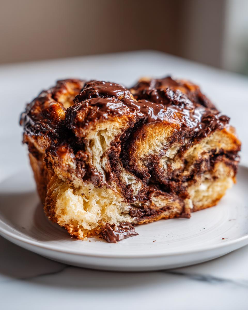A close-up of a moist slice of chocolate babka showing the rich, swirled chocolate filling and glossy glaze.