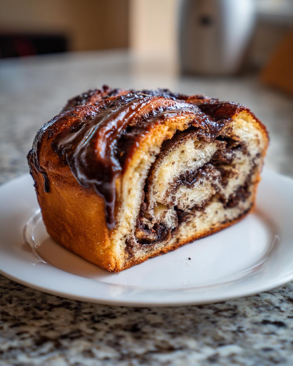 Close-up of a thick slice of chocolate babka showing the swirl pattern and rich chocolate glaze.