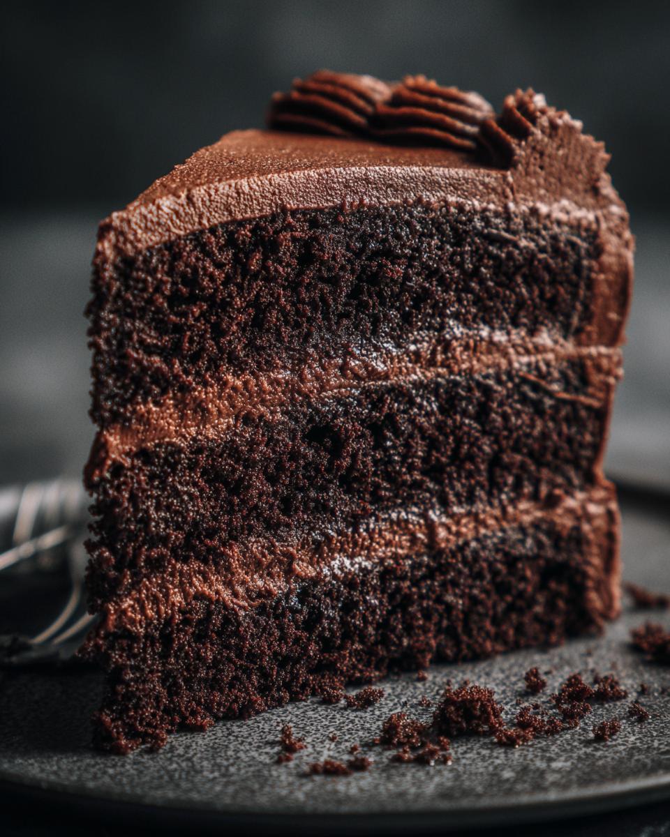 Close-up of a decadent, multi-layered chocolate Capricorn cake slice with dark frosting.