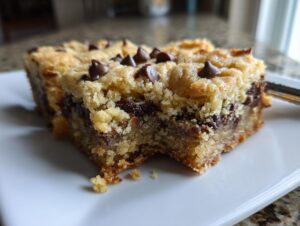 Close-up of a thick, chewy slice of chocolate chip cake mix cookie bars on a white plate.