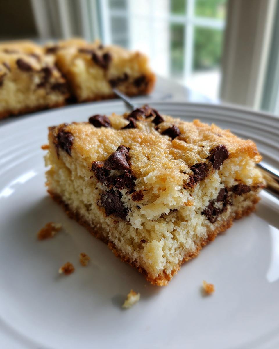 A single square of soft, golden cake mix cookie bars studded with melted chocolate chips on a white plate.