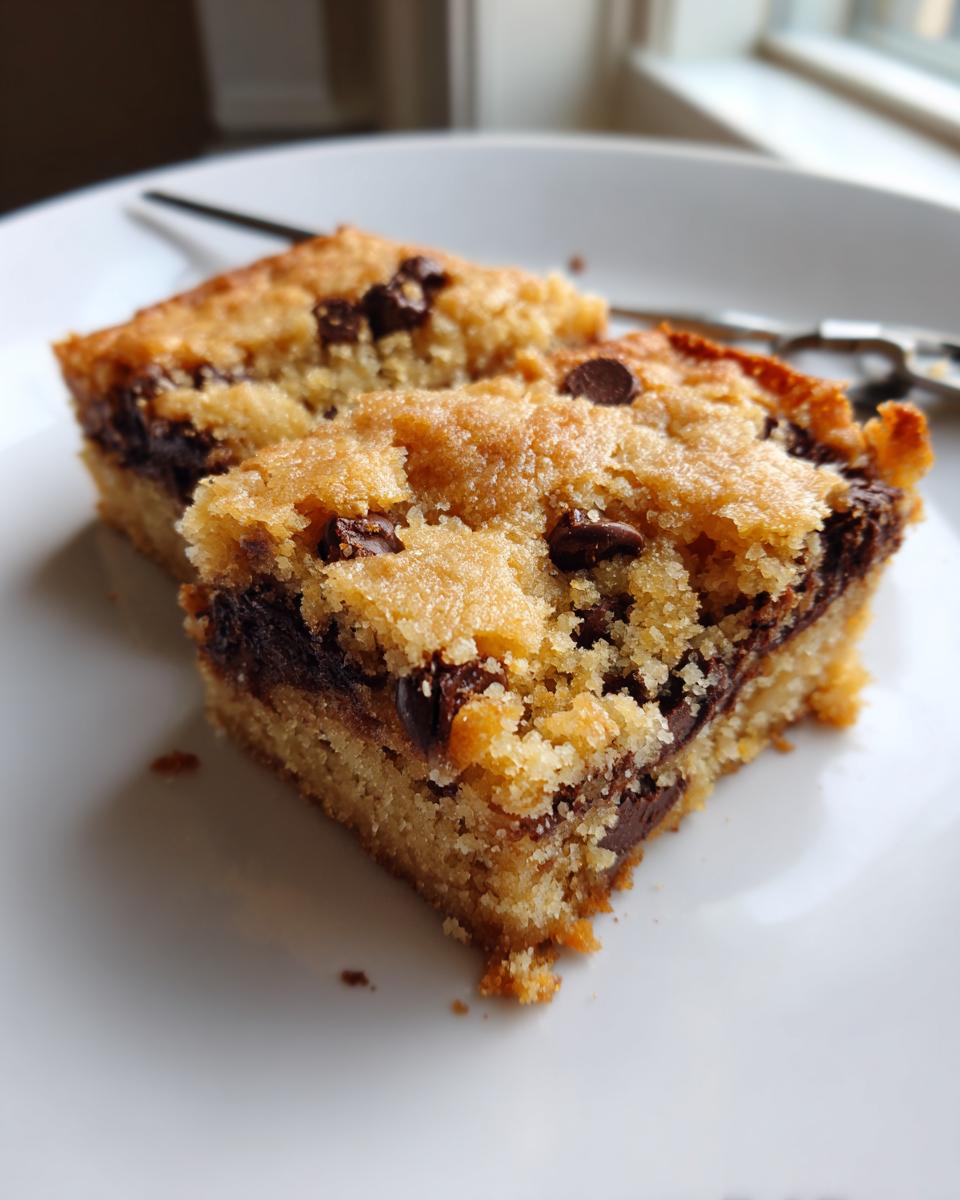 Two rich, golden cake mix cookie bars filled with melted chocolate chips served on a white plate.