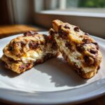 Close-up of chocolate chip cheesecake cookies sandwich cut in half, showing creamy filling.