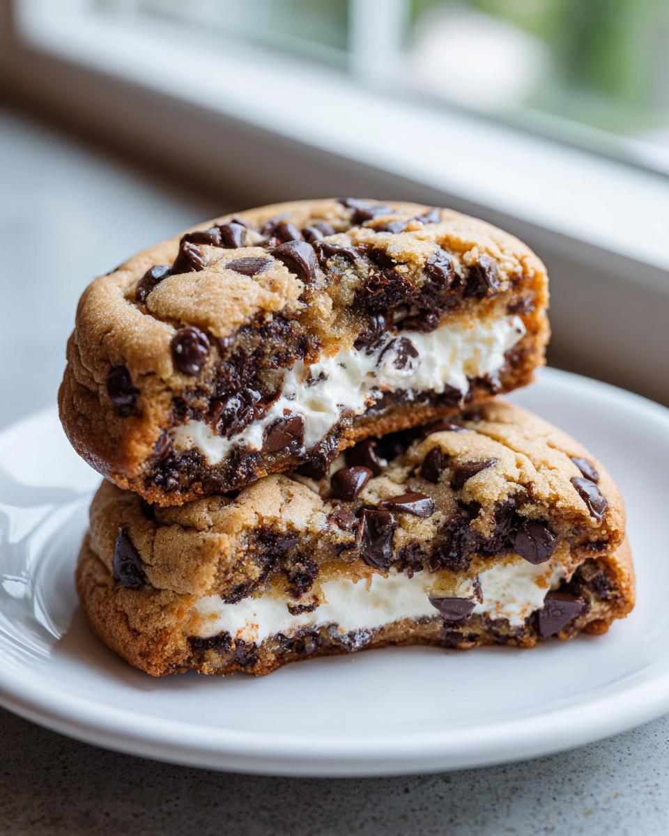 Two halves of a chocolate chip cheesecake cookie stacked, showing the thick, creamy cheesecake filling inside.