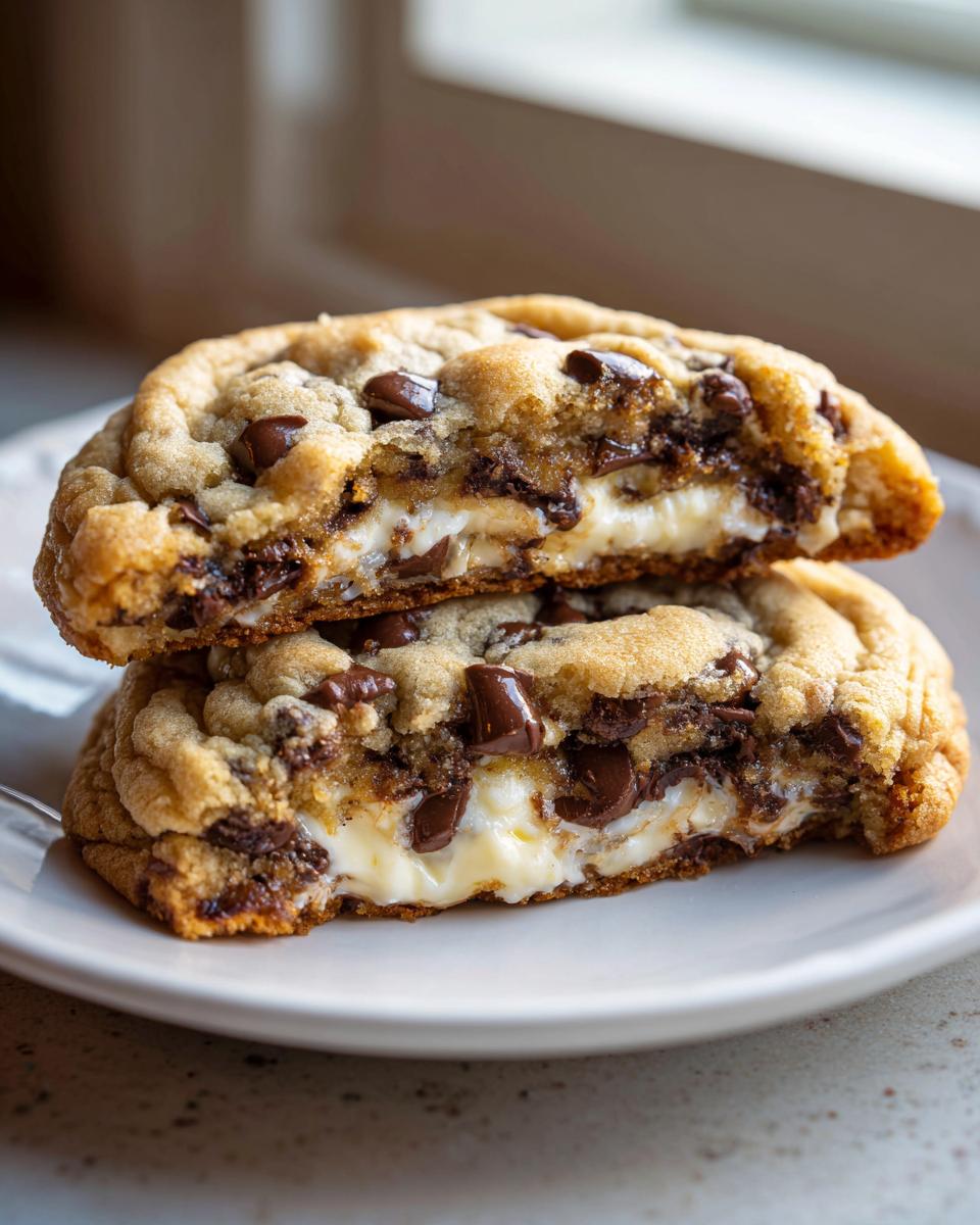 Two halves of a thick chocolate chip cheesecake cookie stacked, showing the gooey cream cheese filling.