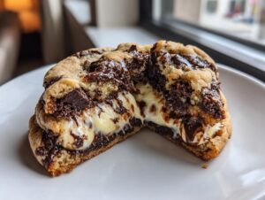 A close-up of chocolate chip cheesecake cookies cut in half, revealing a molten cheesecake center and melted chocolate.