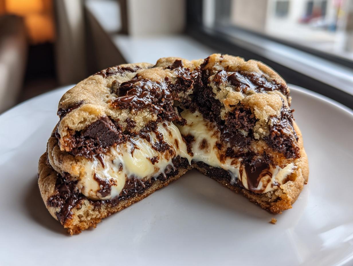A close-up of chocolate chip cheesecake cookies cut in half, revealing a molten cheesecake center and melted chocolate.