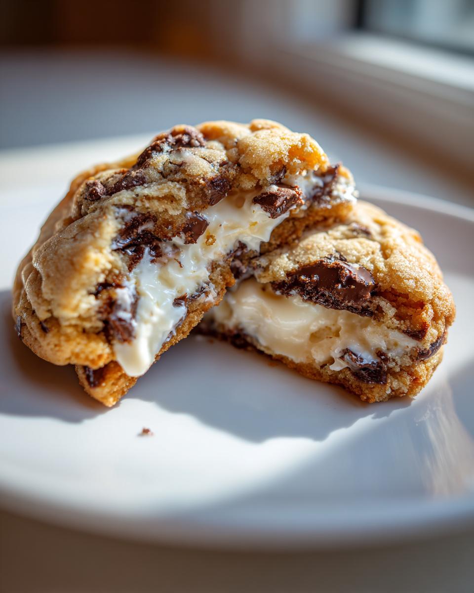 A chocolate chip cheesecake cookie cut in half, revealing a creamy cheesecake filling.